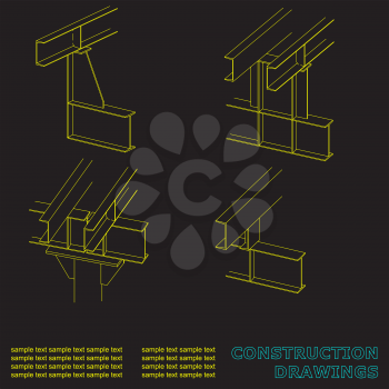 Construction drawings. 3D metal construction. The beams and columns. Cover, background for inscriptions