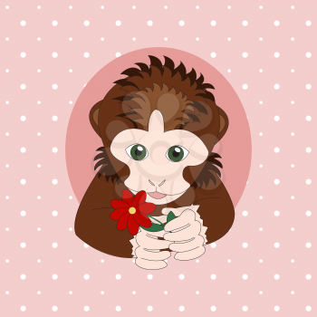 Dark brown monkey holding a red flower. Print for cards, children's books, clothes