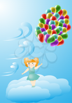 girl with balloons in the sky between the clouds
