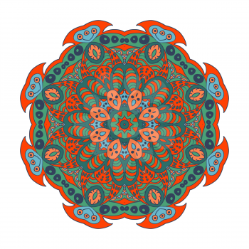 Mandala doodle drawing. Colorful floral ornament. Ethnic solar Arabic motifs. Zentangle. Green, blue, bright orange color. Round