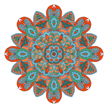 Mandala doodle drawing. Colorful floral round ornament. Ethnic solar Arabic motifs. Zentangle. Green, blue.