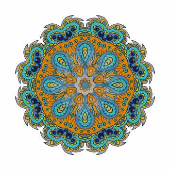 Mandala. Doodle drawing. Round ornament. Blue and mustard color