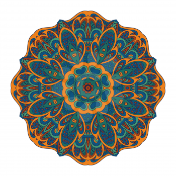 Mandala Eastern pattern. Zentangl round ornament. Brown, blue and green colors