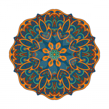 Mandala Eastern pattern. Zentangl round ornament. Orange and blue tones