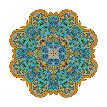 Mandala flower pattern. Doodle drawing. Round ornament. Blue and mustard color