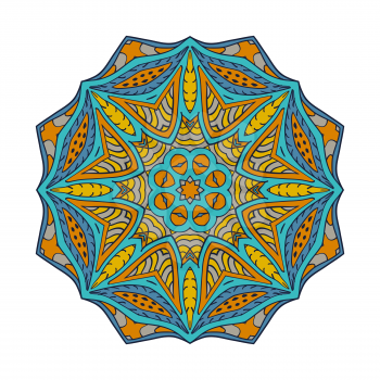 Mandala zentangl. Doodle drawing. Round ornament. Blue and mustard color