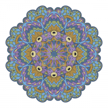 Mandala. Zentangl round ornament. Relax, meditation. Blue, green and purple tones