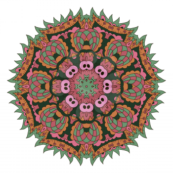 Mandala. Zentangl round ornament. Relax. Meditation. Pink, green tone