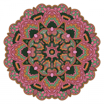 Mandala. Zentangl round ornament. Relax. Oriental pattern. Pink, green