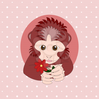 Monkey holding a red flower. Print for cards, children's books, clothes