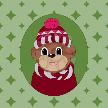 Monkey in a vinous cap and scarf. Print for clothes, cards and children's books