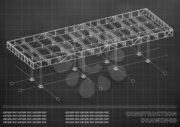 Construction drawings. 3D metal construction. Cover, black background for inscriptions. Grid