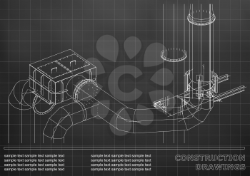 Construction drawings. 3D metal construction. Pipes, piping. Cover, White and gray background for inscriptions