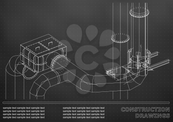 Construction drawings. 3D metal construction. Pipes, piping. Cover, White and gray background for inscriptions. Points