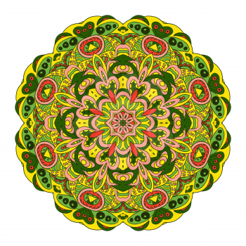 Mandala Eastern pattern. Zentangl round ornament. Yellow, pink and green colors