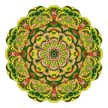 Mandala Eastern pattern. Zentangl round ornament. Yellow, pink and green tones