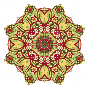 Mandala. Round oriental pattern. Doodle drawing. Hand drawing. Snowflake, floral motifs. Yellow and red