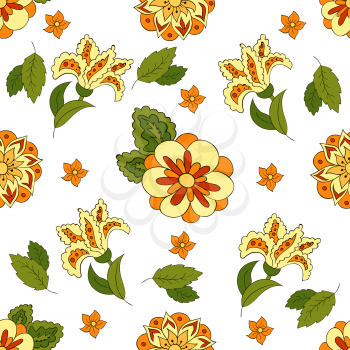 White Seamless pattern with spring flowers. Cover, background. Orange and green colors