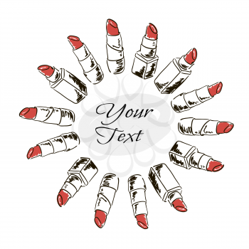 Banner, cover. Doodle image. Hand drawing. Different lipstick. Frame of lipsticks. Place for your text