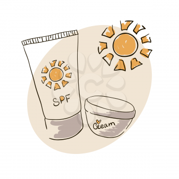 Doodle image sunblock cream for body skin care. Doodle drawing. Hand drawing