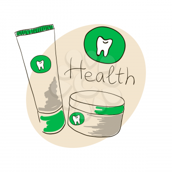 Doodle image. Toothpaste, tooth powder. Doodle drawing. Hand drawing. dental Health