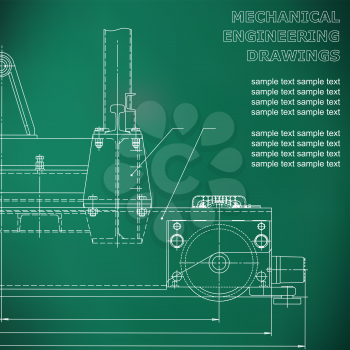 Mechanical engineering drawings on a black background. Vector. For inscriptions, green