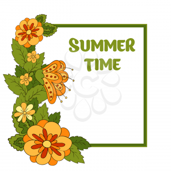 Summer postcard, cover, bright background for inscriptions. Summer. Pattern in green, orange tones