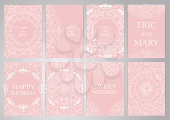 Wedding Set postcards, backgrounds, invitations in oriental style. Delicate pink East ornament. Cover, Magazine, Oriental elements. Holidays, weddings, birthdays. Design background