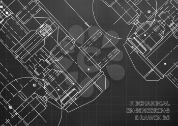 Mechanical Engineering drawing. Blueprints. Mechanics. Cover, background for your design. Black. Grid