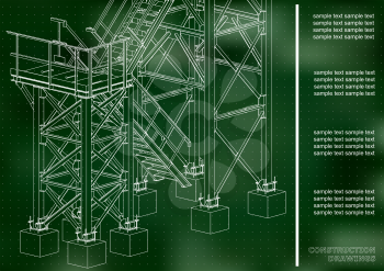 Building. Metal constructions. Volumetric constructions. 3D design. Abstract backgrounds. Cover, background, banner. Green background. Points