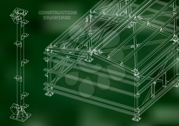 Building. Metal constructions. Volumetric constructions. 3D design. Abstract Cover, banner. Green