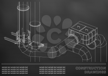 Construction drawings. 3D metal construction. Pipes, piping. Cover, background for text. Black