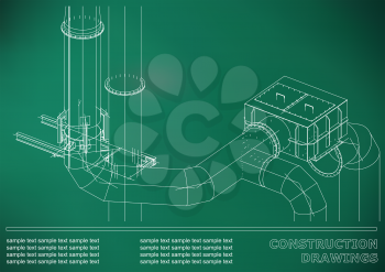 Construction drawings. 3D metal construction. Pipes, piping. Cover, background for text. Light green