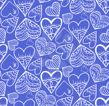 Cute seamless pattern. A heart. Hand drawing. Contour drawing. Doodle design, design. Sketch. Blue background