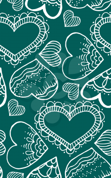 Cute seamless pattern. Doodle heart. Contour drawing. Love. A heart. Hand drawing. Sketch. Green background