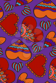 Cute seamless pattern. Doodle. Love. Heart. Hand drawing. Sketch. Purple background