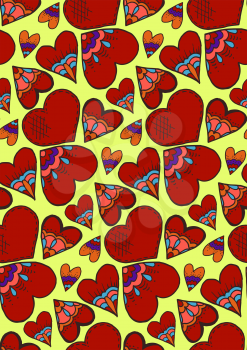 Cute seamless pattern. Heart. Hand drawing. Doodle. Love. Sketch. Yellow background