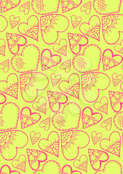 Cute seamless pattern. Love. A heart. Hand drawing. Doodle. Contour drawing. Sketch. Yellow background