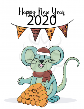 Cute mouse or rat, symbol of 2020. Happy New Year greeting flyer