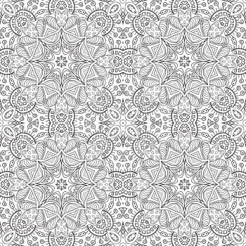 Seamless doodle pattern. Black and white background. Ethnic motives. Zentagl. Coloring