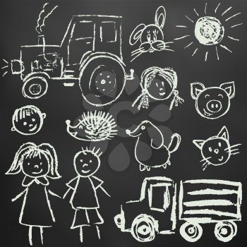 Children's drawings. Elements for the design of postcards, backgrounds, packaging. Chalk on a blackboard. Tractor, truck, woman, man, sun, faces