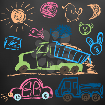 Children's drawings. Elements for the design of postcards, backgrounds, packaging. Color chalk on a blackboard. Truck with sand, cars, sun, faces