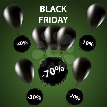 Doodle sale tag. Black friday Sale banner. Balloons in black. Green background