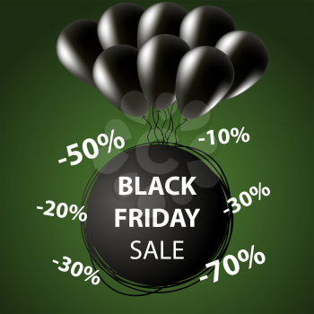 Doodle sale tag. Black friday Sale banner. Balloons in black. Super discounts. Green background