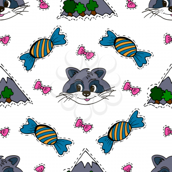 Kids, Cartoon seamless pattern. Lovely pictures for your creativity. Skarpbuking. Textiles, cartoon background. Mountains, trees, bows, candy, raccoon