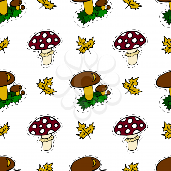 Kids, Cartoon seamless pattern. Lovely pictures for your creativity. Skarpbuking. Textiles, cartoon background. Mushrooms, mushroom, autumn leaves