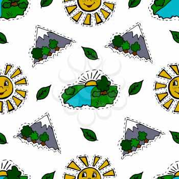 Kids, Cartoon seamless pattern. Lovely pictures for your creativity. Skarpbuking. Textiles, cartoon background. Sun, leaves, mountains, trees, river, nature