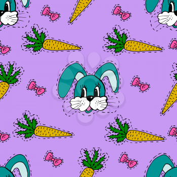 Kids, Cartoon seamless pattern. Skarpbuking. Textiles, violet cartoon background. Hare, rabbit, carrot, bows