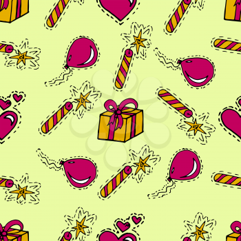 Kids, Cartoon seamless pattern. Skarpbuking. Textiles, yellow cartoon background. Celebratory background. Gifts, balloons, firecrackers