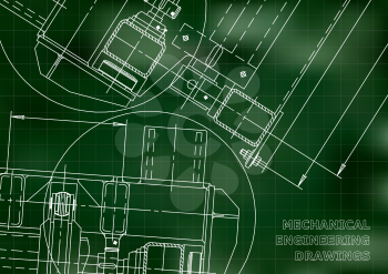 Mechanical Engineering drawing. Blueprints. Mechanics. Cover. Engineering design. Green. Grid